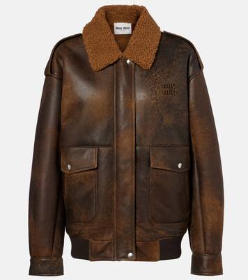 Shearling-trimmed leather blouson jacket | Miu Miu