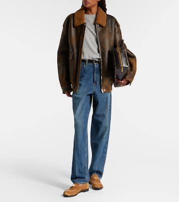 Shearling-trimmed leather blouson jacket | Miu Miu