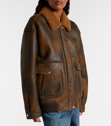 Shearling-trimmed leather blouson jacket | Miu Miu