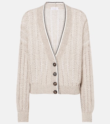 Cardigan in misto lino a righe | Brunello Cucinelli