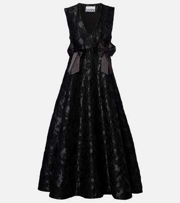 Bow-detail floral satin cloqué midi dress | Ganni