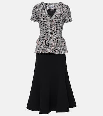 Fringed bouclé and crêpe midi dress | Self-Portrait
