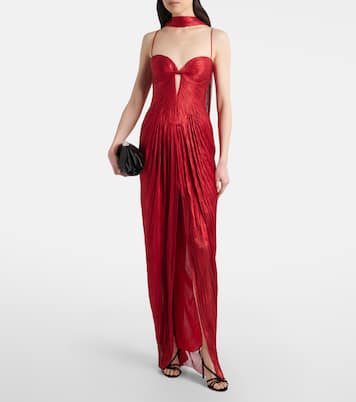 Pleated scarf-detail silk bustier gown | Maria Lucia Hohan