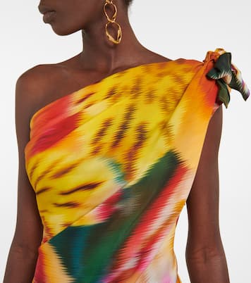 One-shoulder draped floral midi dress | Dries Van Noten