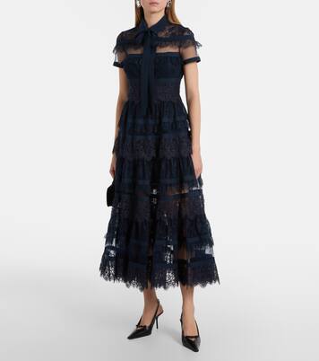 Tie-neck lace midi dress | Elie Saab