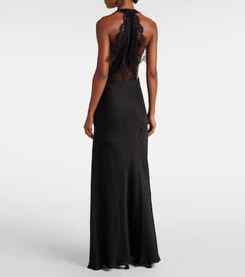 Abito lungo in charmeuse di seta con pizzo | Saint Laurent