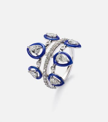Anello per mignolo Tulip in oro bianco 18kt con diamanti e smalto | Kamyen