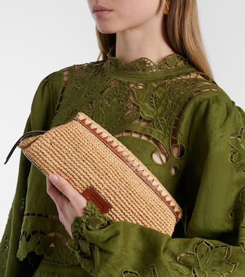 Maude leather-trimmed raffia clutch | Staud