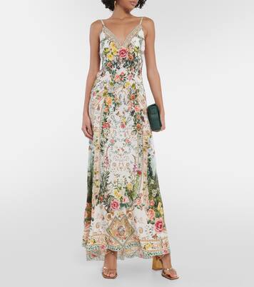 Vestido largo de seda floral adornado | Camilla