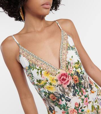 Vestido largo de seda floral adornado | Camilla