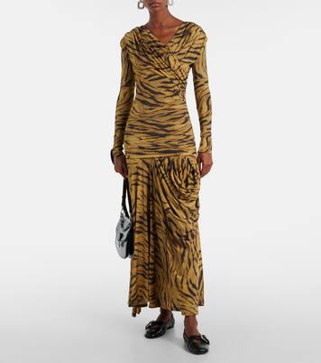 Asymmetric draped tiger-print maxi dress | Ganni