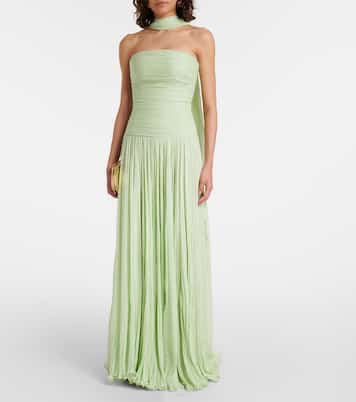Pleated scarf-detail silk georgette gown | Marmar Halim
