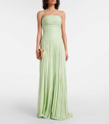 Pleated scarf-detail silk georgette gown | Marmar Halim