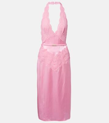 Abito midi in raso di seta con cintura e pizzo | Gucci
