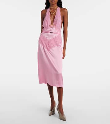 Abito midi in raso di seta con cintura e pizzo | Gucci