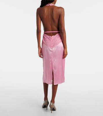 Abito midi in raso di seta con cintura e pizzo | Gucci