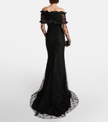 Bow-detail ruffled off-shoulder lace gown | Alessandra Rich