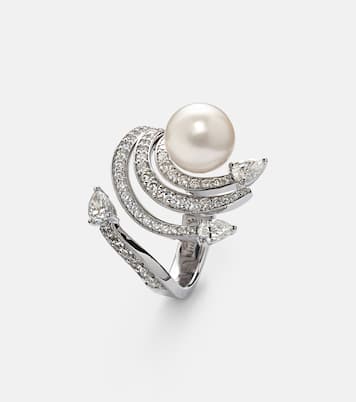 Pearlescent 18kt white gold ring with diamonds and pearl | Yeprem