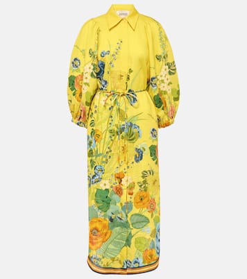 Floral puff-sleeve linen midi dress | Alémais