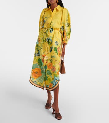 Floral puff-sleeve linen midi dress | Alémais