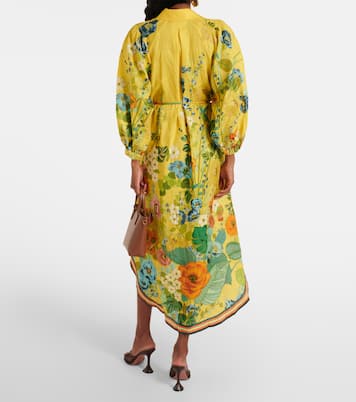 Floral puff-sleeve linen midi dress | Alémais