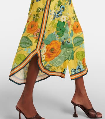 Floral puff-sleeve linen midi dress | Alémais