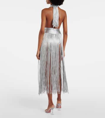 Fringed metallic-effect jersey gown | Area