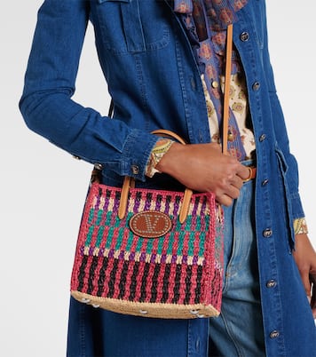 VLogo Small leather-trimmed raffia tote bag | Valentino Garavani