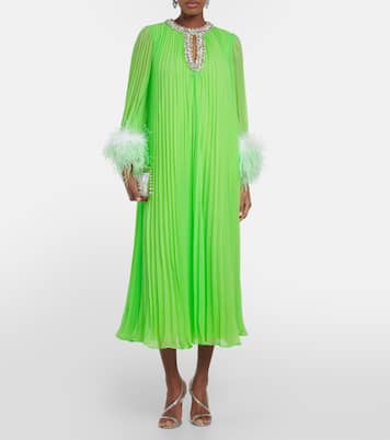 Pleated feather-trimmed chiffon gown | Self-Portrait