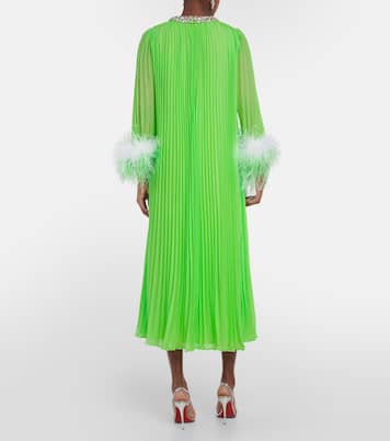Pleated feather-trimmed chiffon gown | Self-Portrait