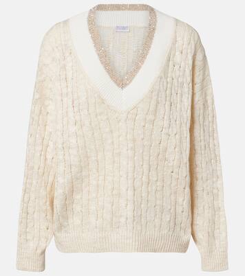 Cable-knit sequined hemp, silk, and cotton sweater | Brunello Cucinelli