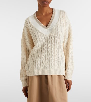Cable-knit sequined hemp, silk, and cotton sweater | Brunello Cucinelli