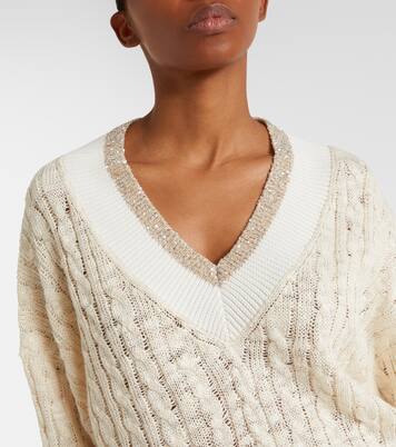 Cable-knit sequined hemp, silk, and cotton sweater | Brunello Cucinelli
