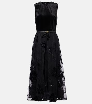 Embroidered tulle and velvet midi dress | Elie Saab