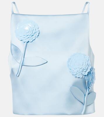 Floral-appliqué sequined cropped satin top | Self-Portrait