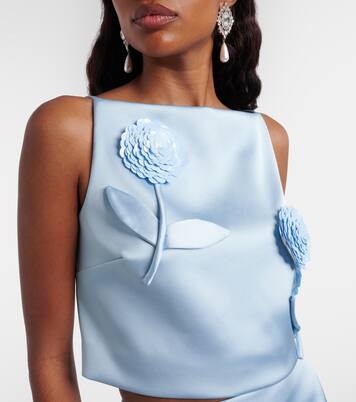 Floral-appliqué sequined cropped satin top | Self-Portrait