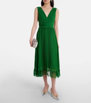 Lace-trimmed plissé chiffon midi dress | Self-Portrait