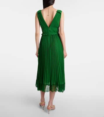 Lace-trimmed plissé chiffon midi dress | Self-Portrait