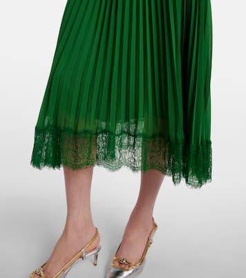 Lace-trimmed plissé chiffon midi dress | Self-Portrait