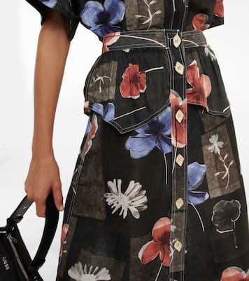 Jupe midi en soie et lin à fleurs | Ganni