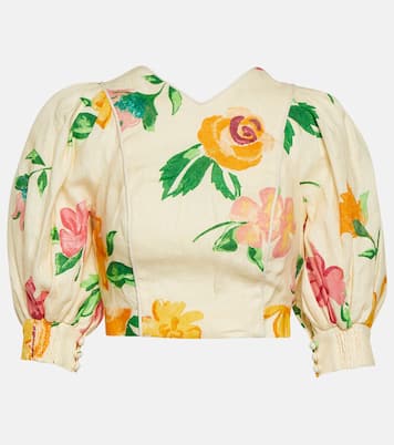 Puff-sleeve floral linen crop top | Alémais