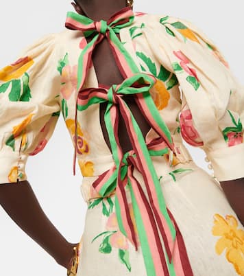 Puff-sleeve floral linen crop top | Alémais