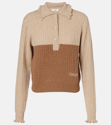 Cable-knit ruffled wool and cashmere polo sweater | Chloé