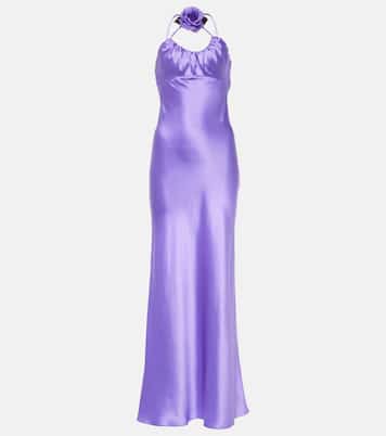 Abito lungo in charmeuse di seta con applicazione floreale | Rodarte