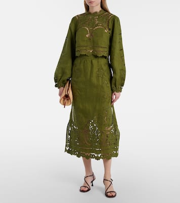 Floral lace-trimmed linen midi skirt | Farm Rio