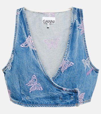 Top cropped di jeans con ricami | Ganni