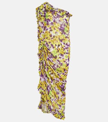 Ruffle-trimmed floral satin midi dress | Dries Van Noten