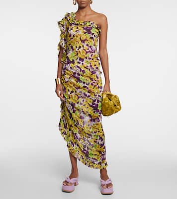 Ruffle-trimmed floral satin midi dress | Dries Van Noten
