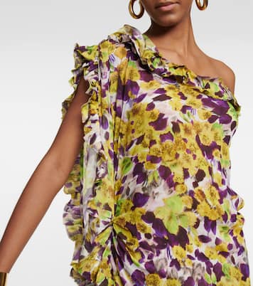 Ruffle-trimmed floral satin midi dress | Dries Van Noten