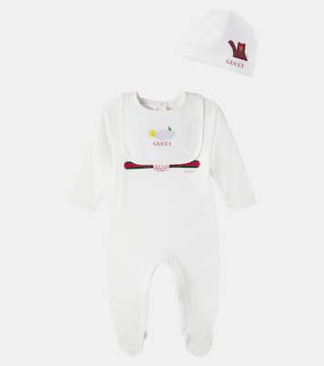 x Euan Roberts Baby cotton beanie, bib, and onesie set | Gucci Kids